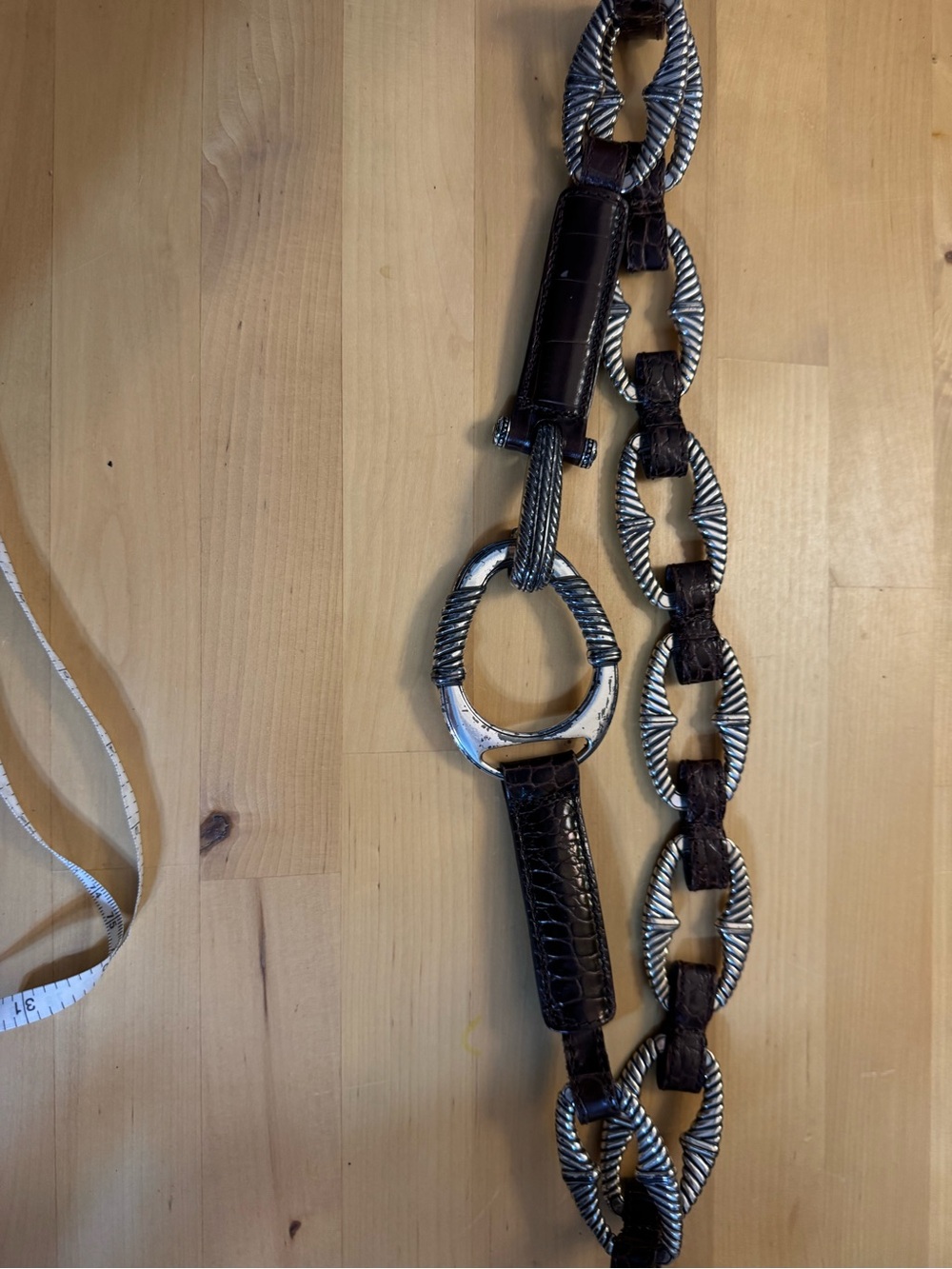 Brighton Dark Brown Croc-Embossed Leather Belt with Silver Chain Links 32”